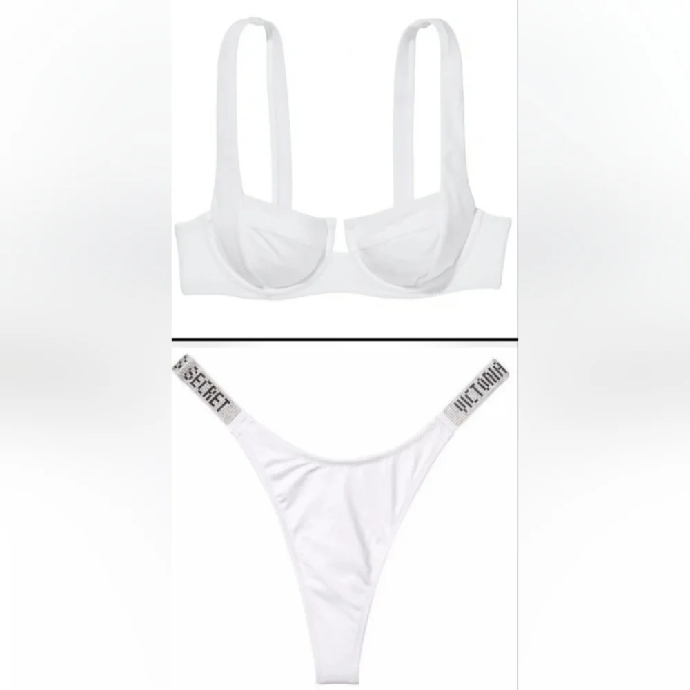 32C/S VS Swim Full Coverage Bikini Top Shine Strap Thong Bikini Set White